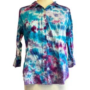 Womens Top Size Large Tie Dye Reworked Button Up Colorful Office Hippy Western